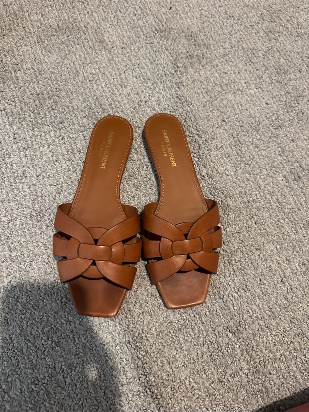 Saint Laurent Brown Woven Leather Slide Sandals